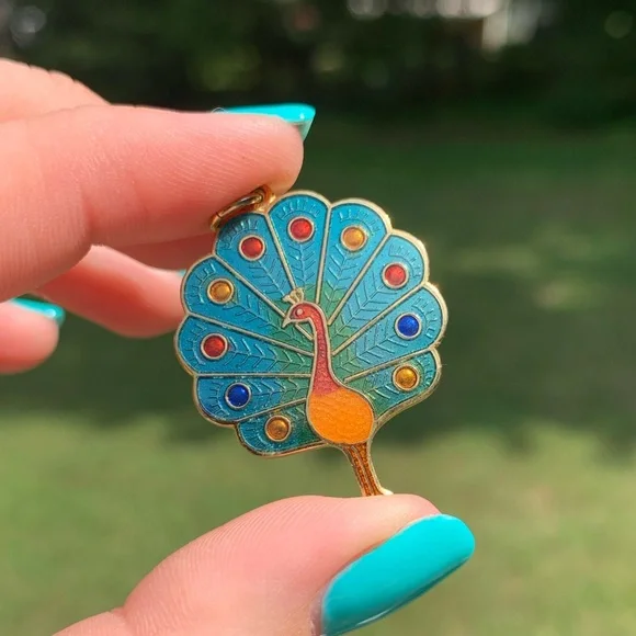 2 Vintage Enamel Pendants. Peacock 🦚 Bird & Flowers 💐